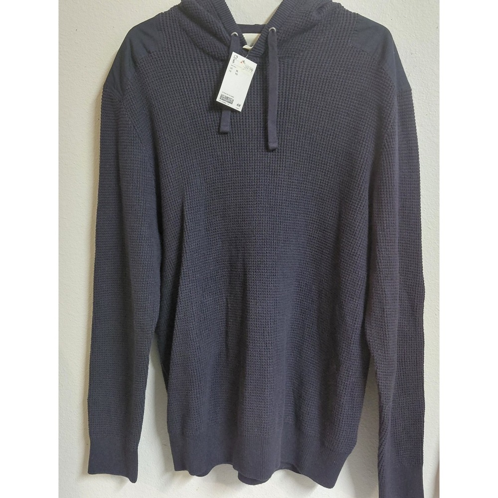 H&M L.O.G.G. Men's XL Waffle Knit Hooded Sweater Pullover Navy Blue NWT